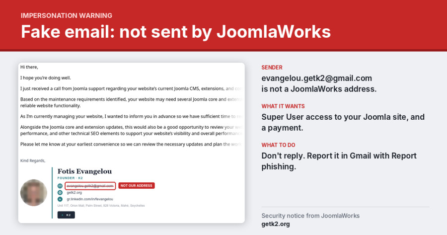 Security notice: emails impersonating the K2 developer